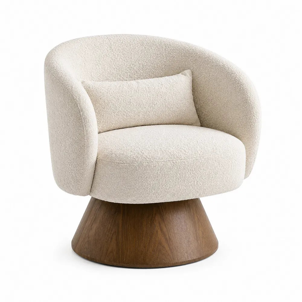 Sedia girevole in bouclè bianco con base in legno