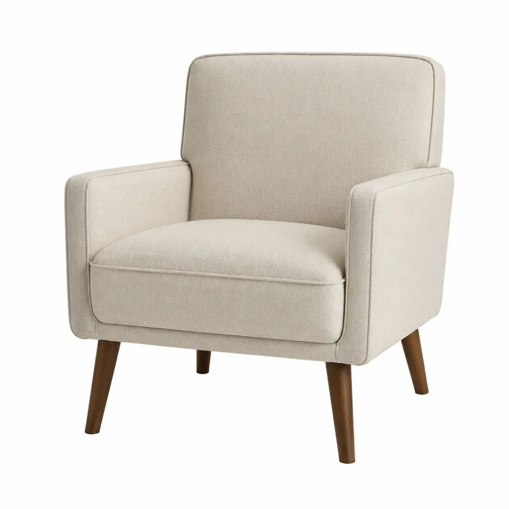 Poltrona in tessuto poliestere beige con gambe in legno