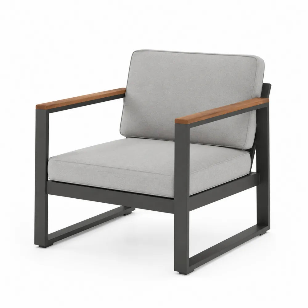 Poltrona da Esterno in Alluminio e Teak con Cuscini Grigi