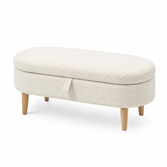 Poggiapiedi ovale in tessuto bouclé con gambe in legno