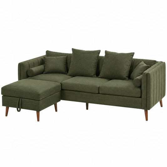 Divano ad angolo in tessuto verde con chaise longue e cuscini