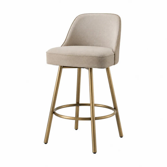 Sgabello da Bar in Tessuto Beige con Struttura in Metallo Dorato