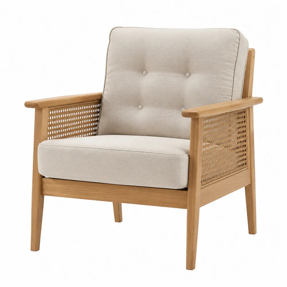 Poltrona in Legno e Tessuto Beige con Braccioli in Rattan