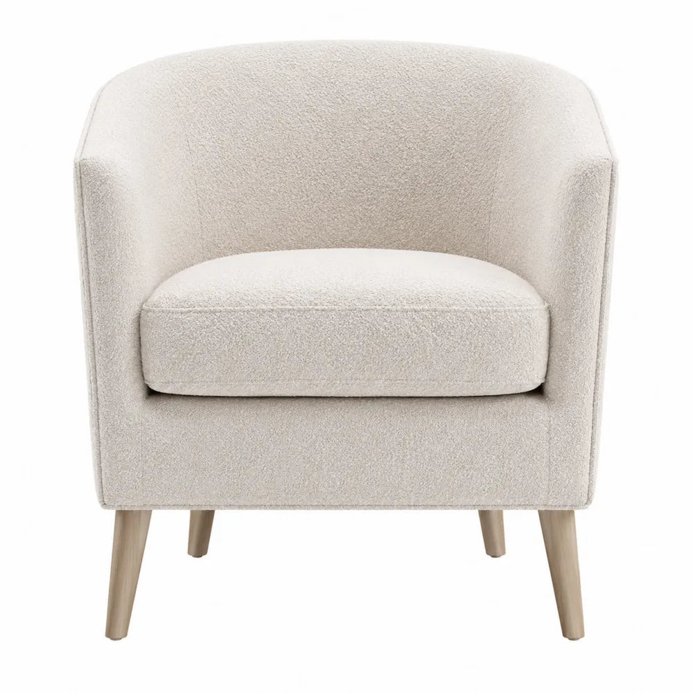 Poltrona in tessuto bouclé avorio con gambe in legno