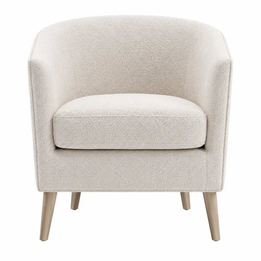 Poltrona in tessuto bouclé avorio con gambe in legno