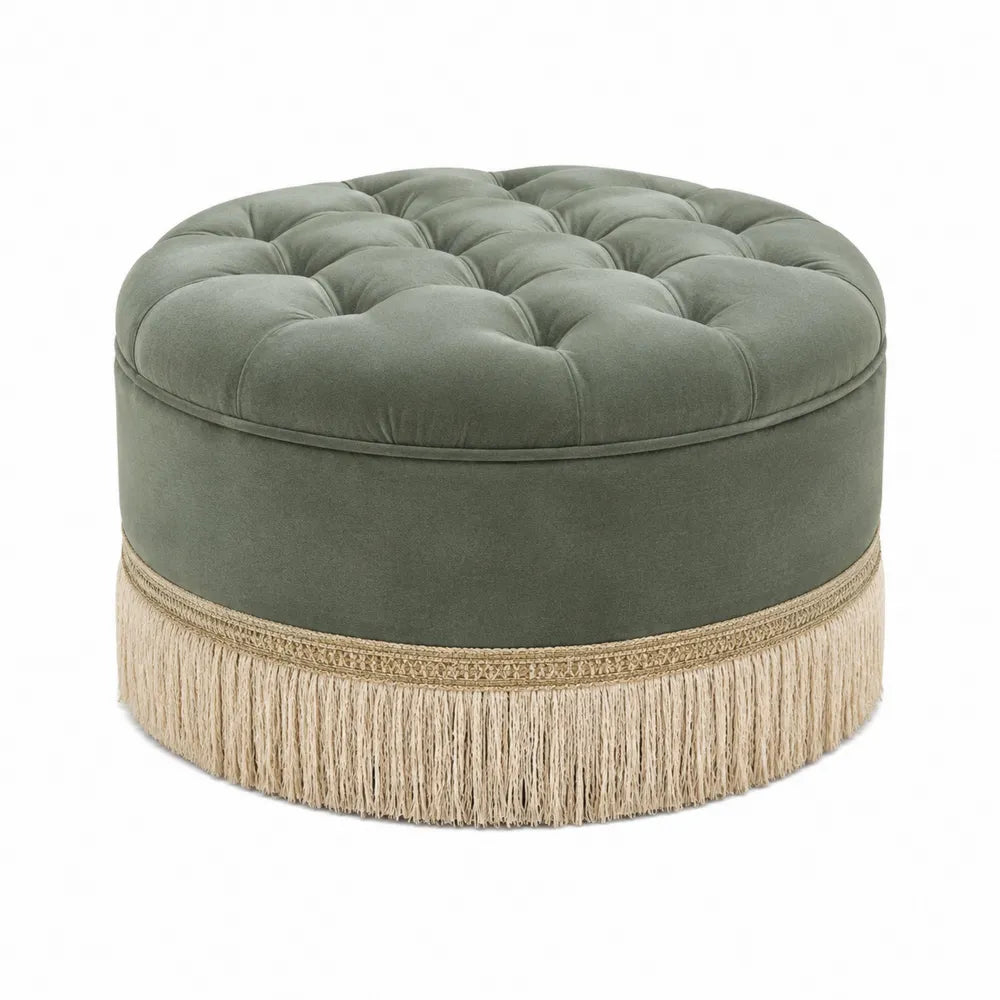Pouf Rotondo in Velluto Verde con Frange