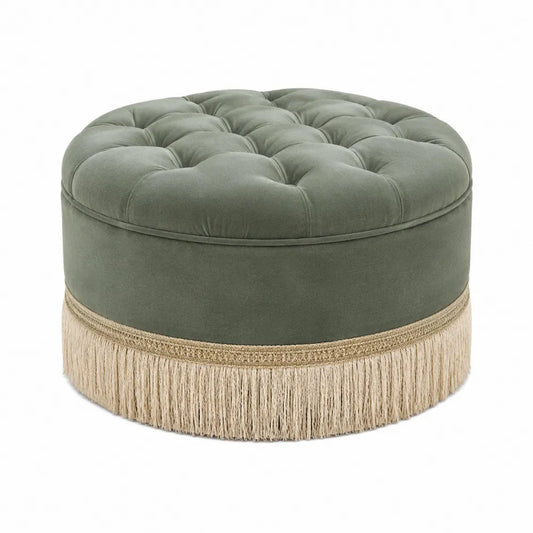 Pouf Rotondo in Velluto Verde con Frange
