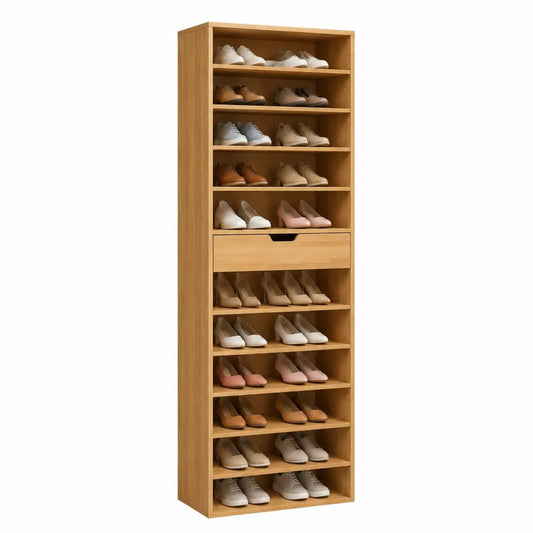 Scarpiera alta in legno di quercia con cassetto e 12 ripiani