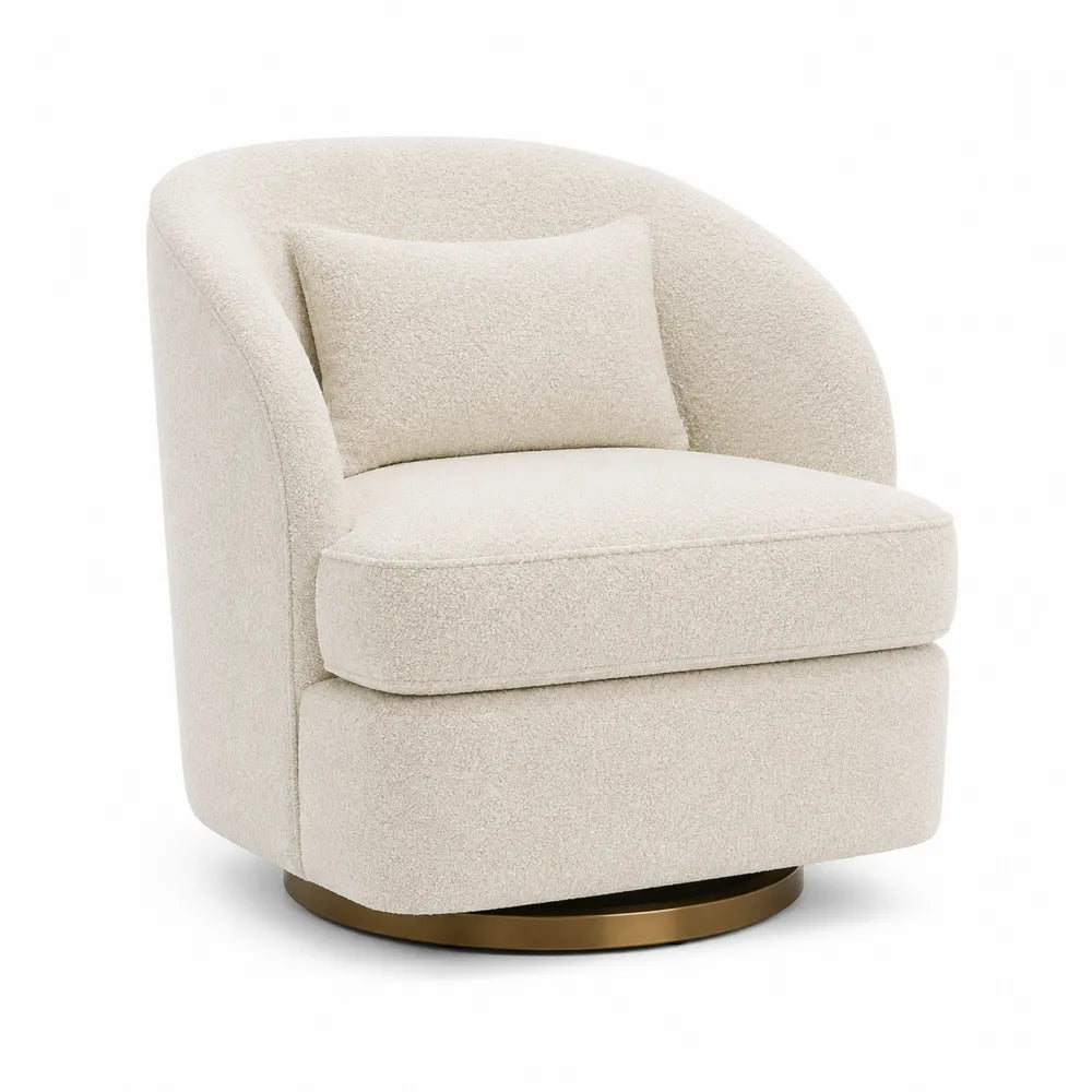 Poltrona girevole in tessuto bouclé crema con base in metallo bronzo