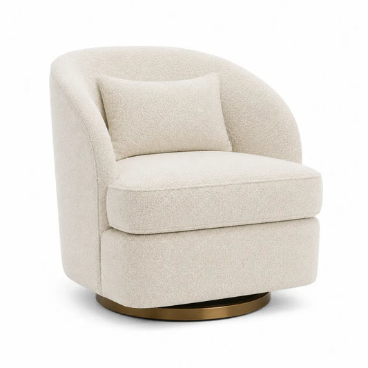 Poltrona girevole in tessuto bouclé crema con base in metallo bronzo