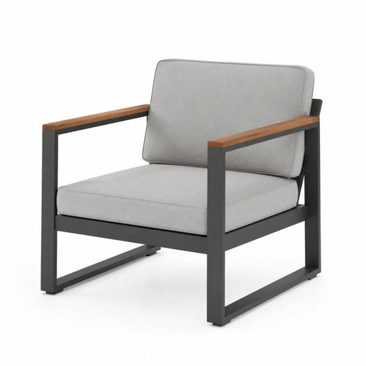 Poltrona da Esterno in Alluminio e Teak con Cuscini Grigi